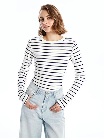 LCWAIKIKI Basic Lacivert Bisiklet Yaka Çizgili Kadın Body