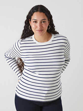 LCWAIKIKI Basic Lacivert Bisiklet Yaka Çizgili Kadın Body