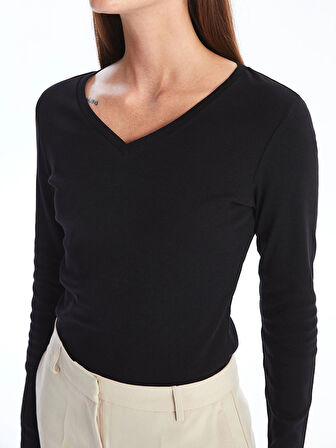 LCWAIKIKI Basic Siyah V Yaka Düz Uzun Kollu Kadın Tişört