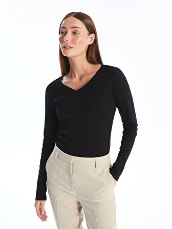 LCWAIKIKI Basic Siyah V Yaka Düz Uzun Kollu Kadın Tişört