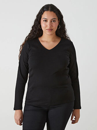 LCWAIKIKI Basic Siyah V Yaka Düz Uzun Kollu Kadın Tişört