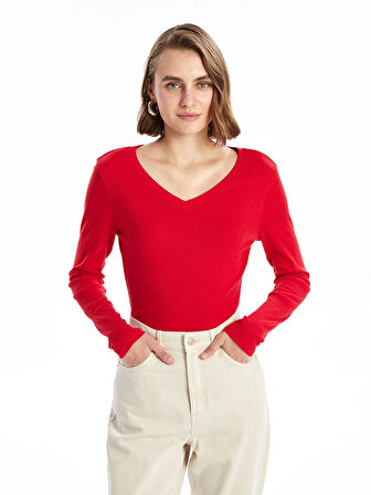 LCWAIKIKI Basic Kirmizi V Yaka Düz Uzun Kollu Kadın Tişört