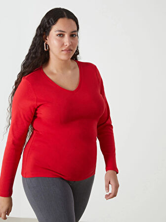 LCWAIKIKI Basic Kirmizi V Yaka Düz Uzun Kollu Kadın Tişört