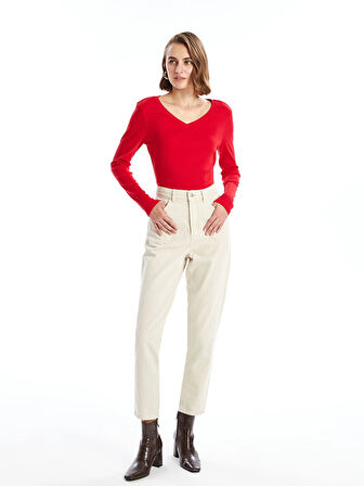 LCWAIKIKI Basic Kirmizi V Yaka Düz Uzun Kollu Kadın Tişört