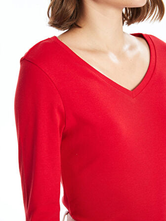 LCWAIKIKI Basic Kirmizi V Yaka Düz Uzun Kollu Kadın Tişört