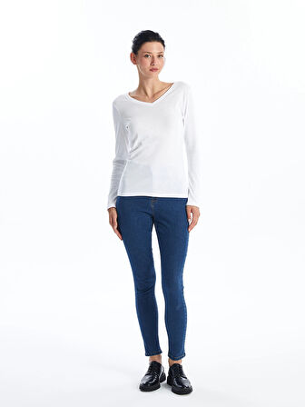 LCWAIKIKI Basic Ekru V Yaka Düz Uzun Kollu Kadın Tişört