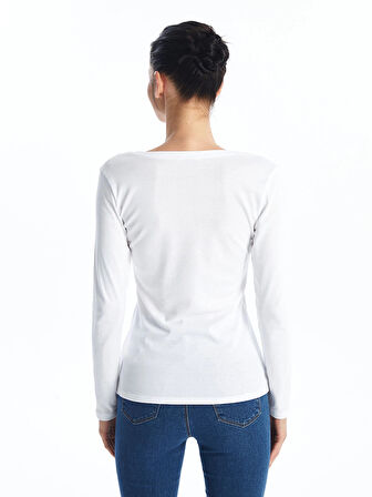 LCWAIKIKI Basic Ekru V Yaka Düz Uzun Kollu Kadın Tişört
