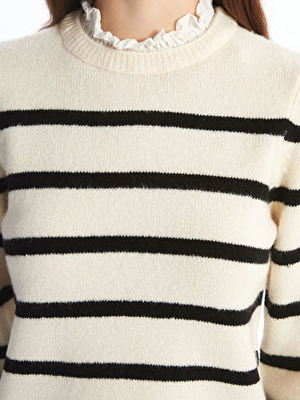 LCW Vision Siyah Fırfırlı Dik Yaka Çizgili Uzun Kollu Kadın Triko Kazak