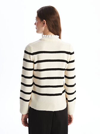 LCW Vision Siyah Fırfırlı Dik Yaka Çizgili Uzun Kollu Kadın Triko Kazak