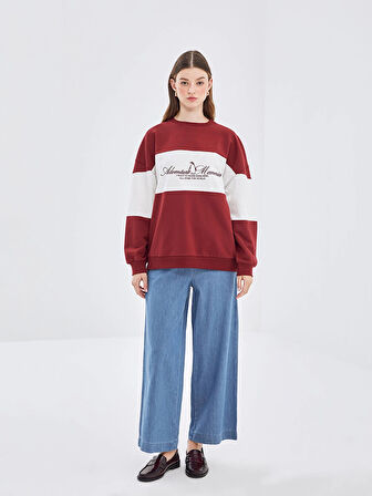 LCW Modest Bordo Bisiklet Yaka Nakışlı Kadın Sweatshirt Tunik