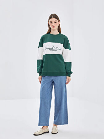 LCW Modest Yeşil Bisiklet Yaka Nakışlı Kadın Sweatshirt Tunik