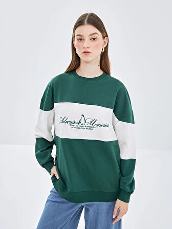 LCW Modest Yeşil Bisiklet Yaka Nakışlı Kadın Sweatshirt Tunik