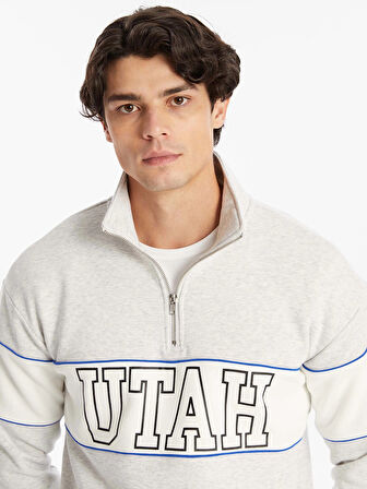 LCW Casual BEYAZ Dik Yaka Uzun Kollu Baskılı Erkek Kalın Sweatshirt