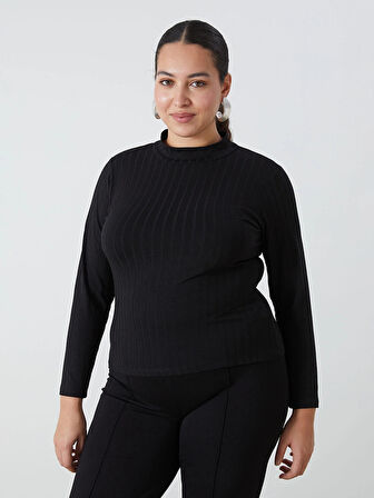 LCWAIKIKI Basic Siyah Dik Yaka Düz Uzun Kollu Kadın Body