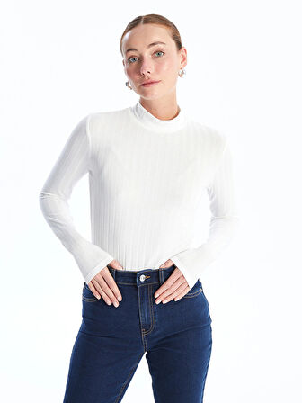 LCWAIKIKI Basic Ekru Dik Yaka Düz Uzun Kollu Kadın Body