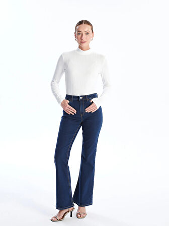 LCWAIKIKI Basic Ekru Dik Yaka Düz Uzun Kollu Kadın Body