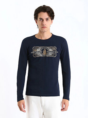 LCWAIKIKI Classic Lacivert Bisiklet Yaka Uzun Kollu Baskılı Erkek Sweatshirt