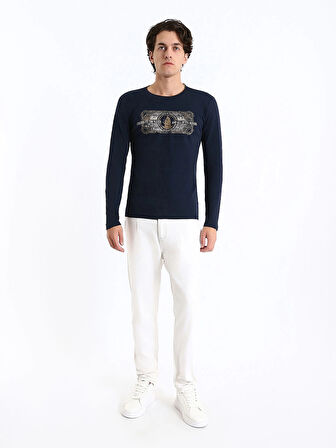 LCWAIKIKI Classic Lacivert Bisiklet Yaka Uzun Kollu Baskılı Erkek Sweatshirt