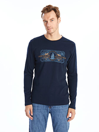 LCWAIKIKI Classic Lacivert Bisiklet Yaka Uzun Kollu Baskılı Erkek Sweatshirt