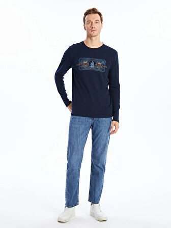 LCWAIKIKI Classic Lacivert Bisiklet Yaka Uzun Kollu Baskılı Erkek Sweatshirt