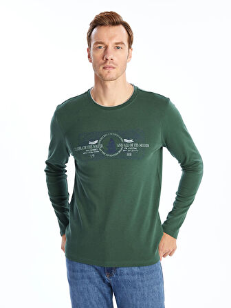 LCWAIKIKI Classic Yeşil Bisiklet Yaka Uzun Kollu Baskılı Erkek Sweatshirt