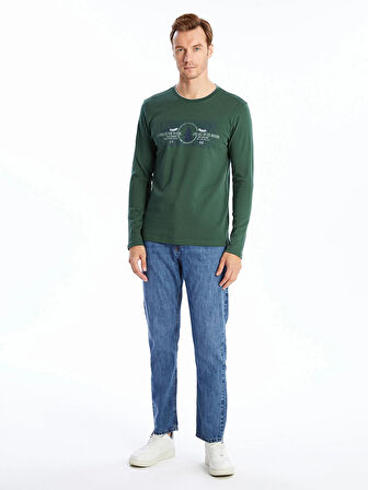 LCWAIKIKI Classic Yeşil Bisiklet Yaka Uzun Kollu Baskılı Erkek Sweatshirt