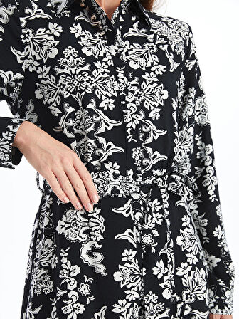 LCWAIKIKI Classic SİYAH Çiçekli Uzun Kollu Kadın Gömlek Elbise