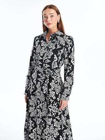 LCWAIKIKI Classic SİYAH Çiçekli Uzun Kollu Kadın Gömlek Elbise