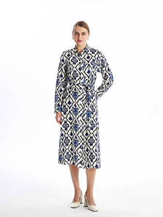 LCWAIKIKI Classic MAVİ Desenli Uzun Kollu Kadın Gömlek Elbise