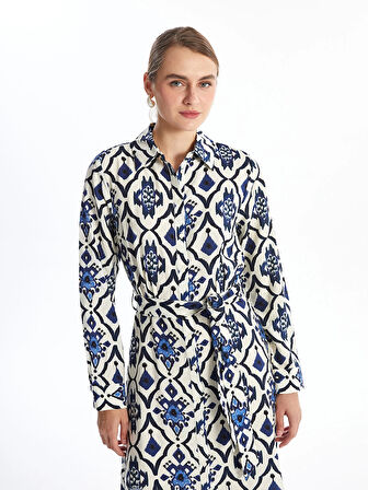 LCWAIKIKI Classic MAVİ Desenli Uzun Kollu Kadın Gömlek Elbise