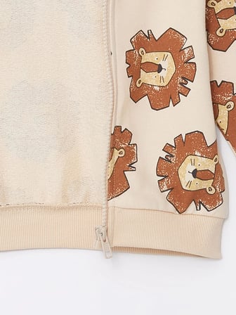 LCW baby Ekru Kapüşonlu Uzun Kollu Baskılı Erkek Bebek Hırka ve Pantolon 2'li Takım