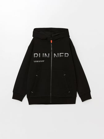LCW Kids Siyah Kapüşonlu Baskılı Uzun Kollu Erkek Çocuk Fermuarlı Sweatshirt