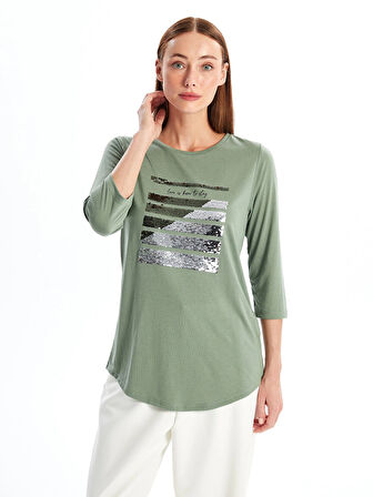 LCWAIKIKI Basic HAKİ Bisiklet Yaka Pul Payetli Kadın Bluz