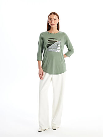 LCWAIKIKI Basic HAKİ Bisiklet Yaka Pul Payetli Kadın Bluz