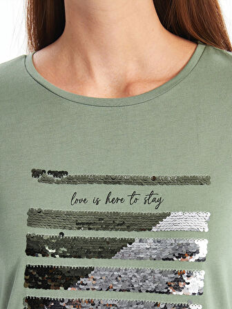 LCWAIKIKI Basic HAKİ Bisiklet Yaka Pul Payetli Kadın Bluz