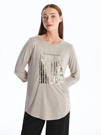 LCWAIKIKI Basic BEJ Bisiklet Yaka Pul Payetli Uzun Kollu Kadın Bluz