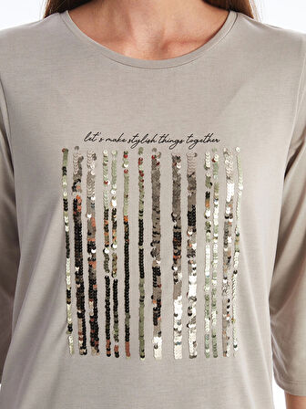 LCWAIKIKI Basic BEJ Bisiklet Yaka Pul Payetli Uzun Kollu Kadın Bluz