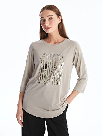 LCWAIKIKI Basic BEJ Bisiklet Yaka Pul Payetli Uzun Kollu Kadın Bluz