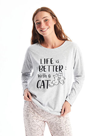 LCW DREAM Pembe Bisiklet Yaka Baskılı Uzun Kollu Kadın Pijama Takımı