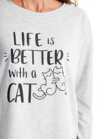 LCW DREAM Pembe Bisiklet Yaka Baskılı Uzun Kollu Kadın Pijama Takımı