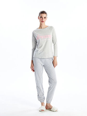 LCW DREAM GRİ Bisiklet Yaka Baskılı Kadın Pijama Takımı
