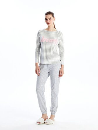 LCW DREAM GRİ Bisiklet Yaka Baskılı Kadın Pijama Takımı