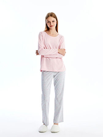 LCW DREAM Gri Bisiklet Yaka Düz Uzun Kollu Kadın Pijama Takımı