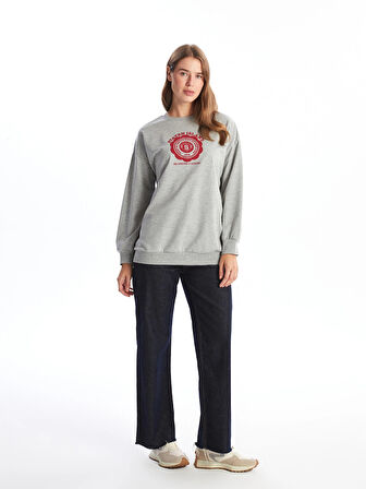 LCW Modest Gri Bisiklet Yaka Baskılı Kadın Sweatshirt Tunik