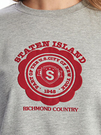 LCW Modest Gri Bisiklet Yaka Baskılı Kadın Sweatshirt Tunik