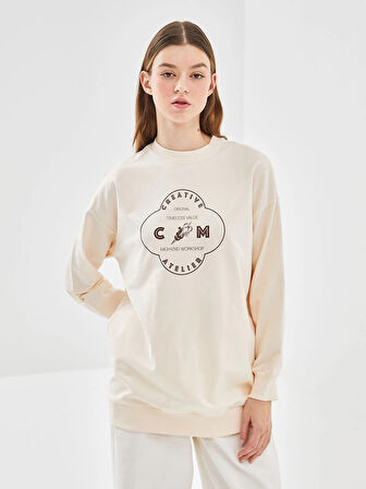 LCW Modest Ekru Bisiklet Yaka Baskılı Kadın Sweatshirt Tunik