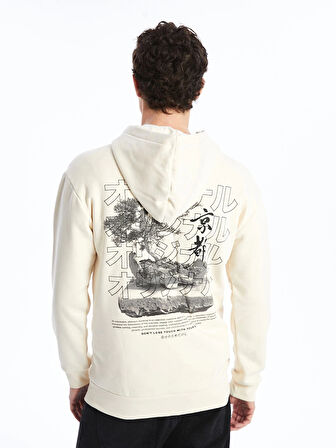 XSIDE Ekru Uzun Kollu Baskılı Erkek Kalın Hoodie