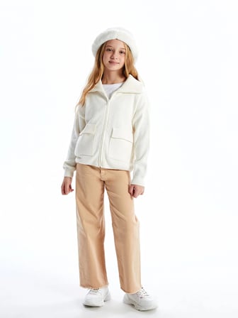 LCW Kids EKRU Polo Yaka Kız Çocuk Triko Hırka