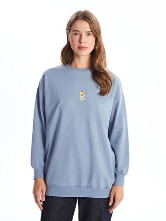 LCW Modest Mavi Bisiklet Yaka Baskılı Kadın Sweatshirt Tunik