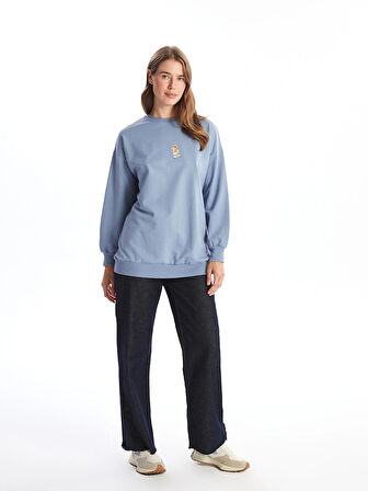 LCW Modest Mavi Bisiklet Yaka Baskılı Kadın Sweatshirt Tunik